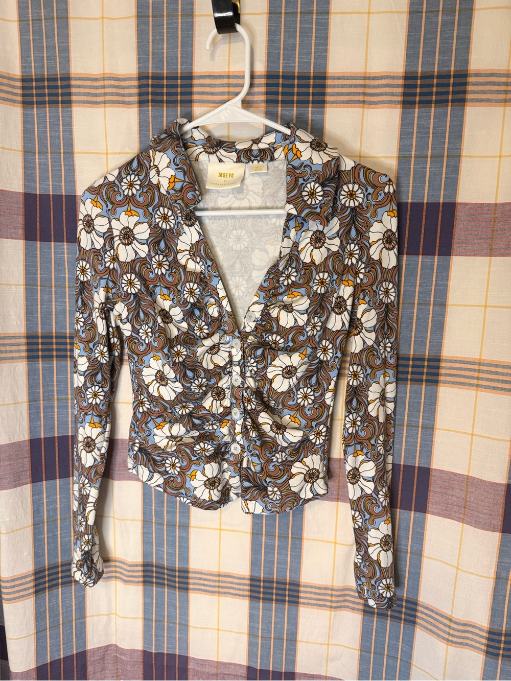 Maeve ( Abercrombie)  Blue Motif Floral Ruched Long-Sleeve Top in White & Brown